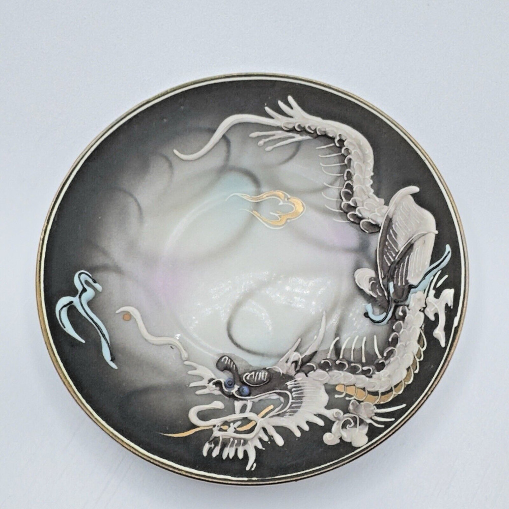 Vintage Geisha Lithophane Dragonware Small Teacup & Saucer Moriage Black Japan - Picture 5 of 16